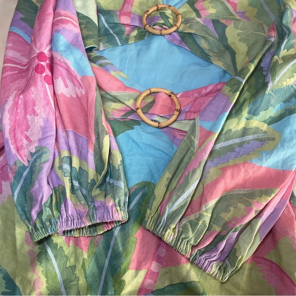 Farm Rio- BEACH VIBE LINEN BLEND CUTOUT DRESS In Blue Size Medium Palm Trees - Picture 5 of 11